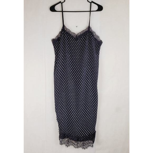 Free People Black & White Polka Dot Lace Trim Slip Dress Size 10 Coquette Retro - Picture 2 of 11